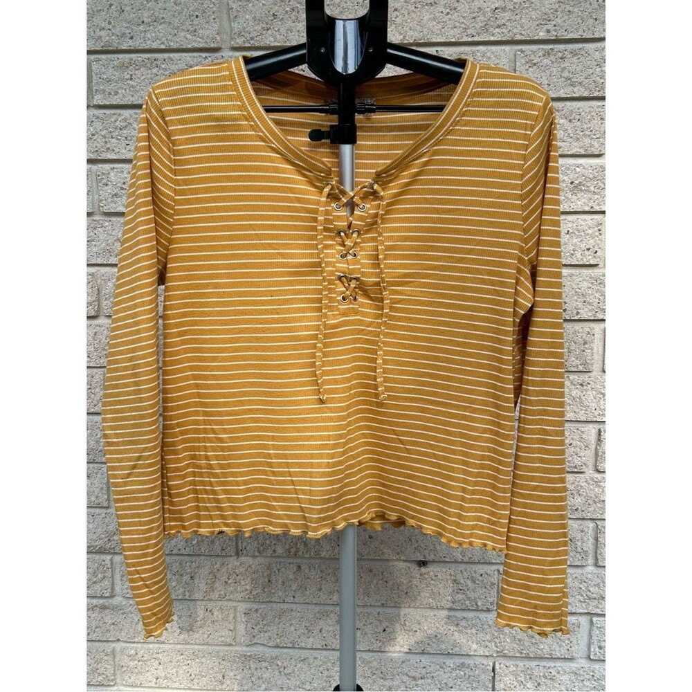 Pink Republic Mustard Striped Lace-Up Long Sleeve Top